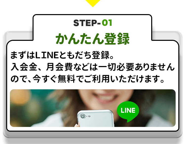 STEP１－かんたん登録 まずはＬＩＮＥともだち登録。入会金、月会費などは一切必要ありませんので、今すぐ無料でご利用いただけます。